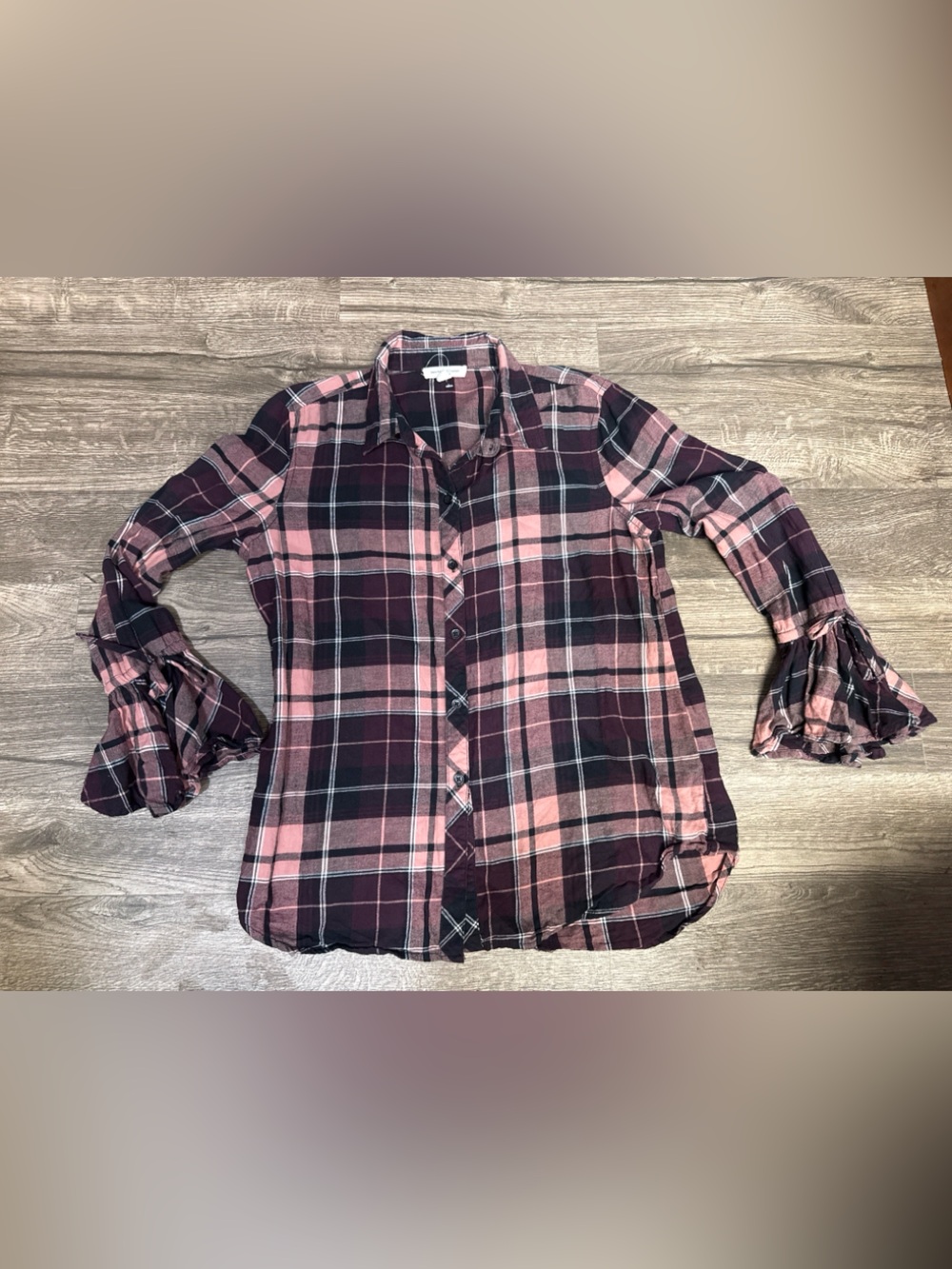 beachlunchlounge Pink and Black Plaid Bell-Sleeve Button-Down Shirt - Picture 3 of 11